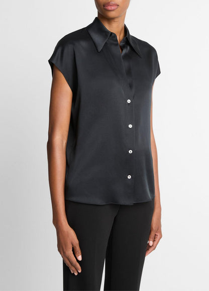 VINCE Women Silk Cap-Sleeve Ruched-Back Blouse in Short Sleeve