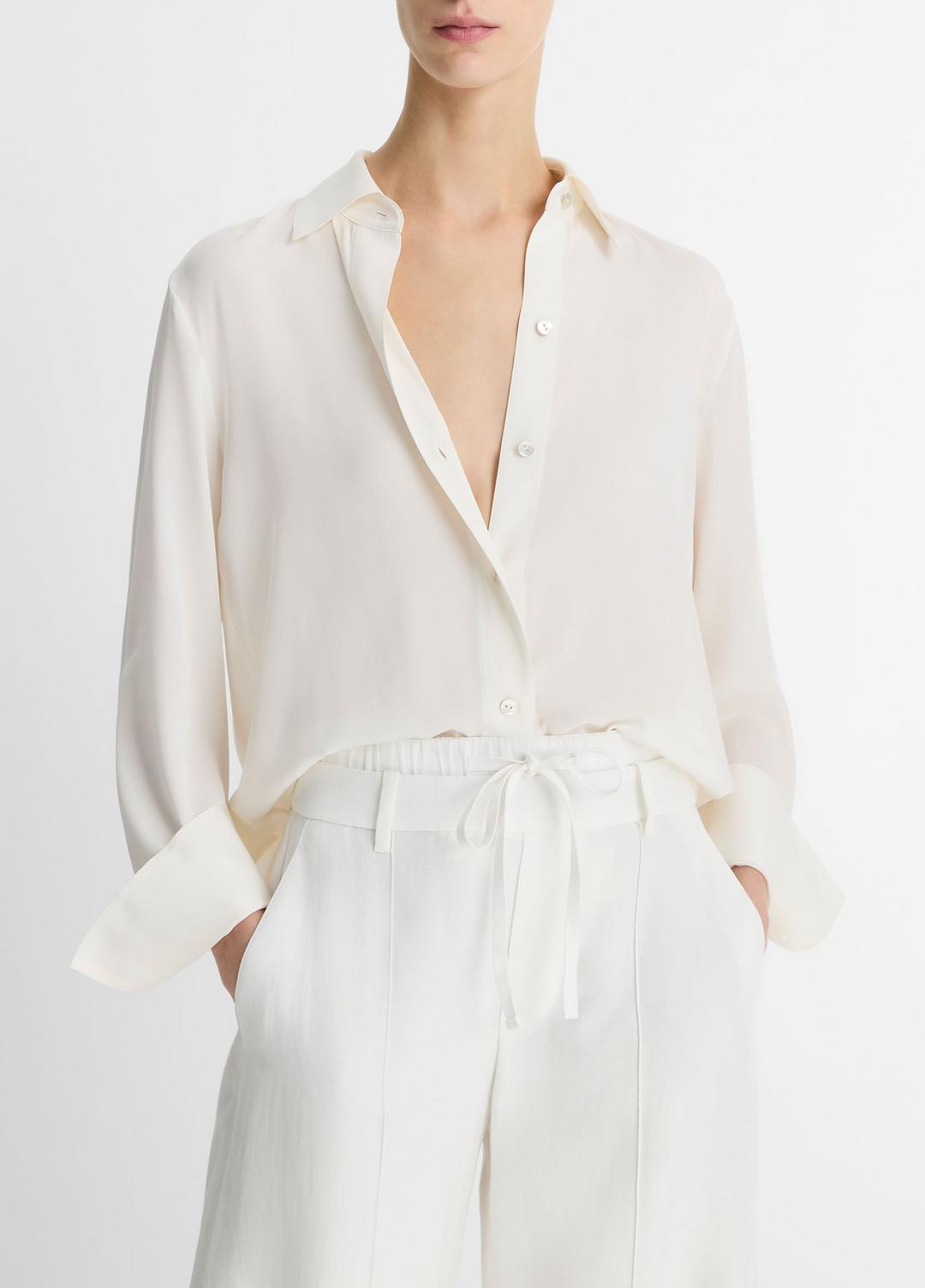 VINCE Women Stretch-Silk Button-Front Blouse in Long Sleeve