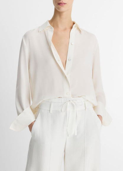 VINCE Women Stretch-Silk Button-Front Blouse in Long Sleeve