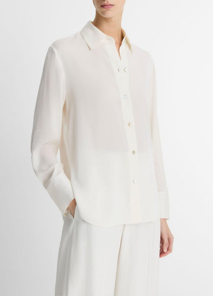 VINCE Women Stretch-Silk Button-Front Blouse in Long Sleeve