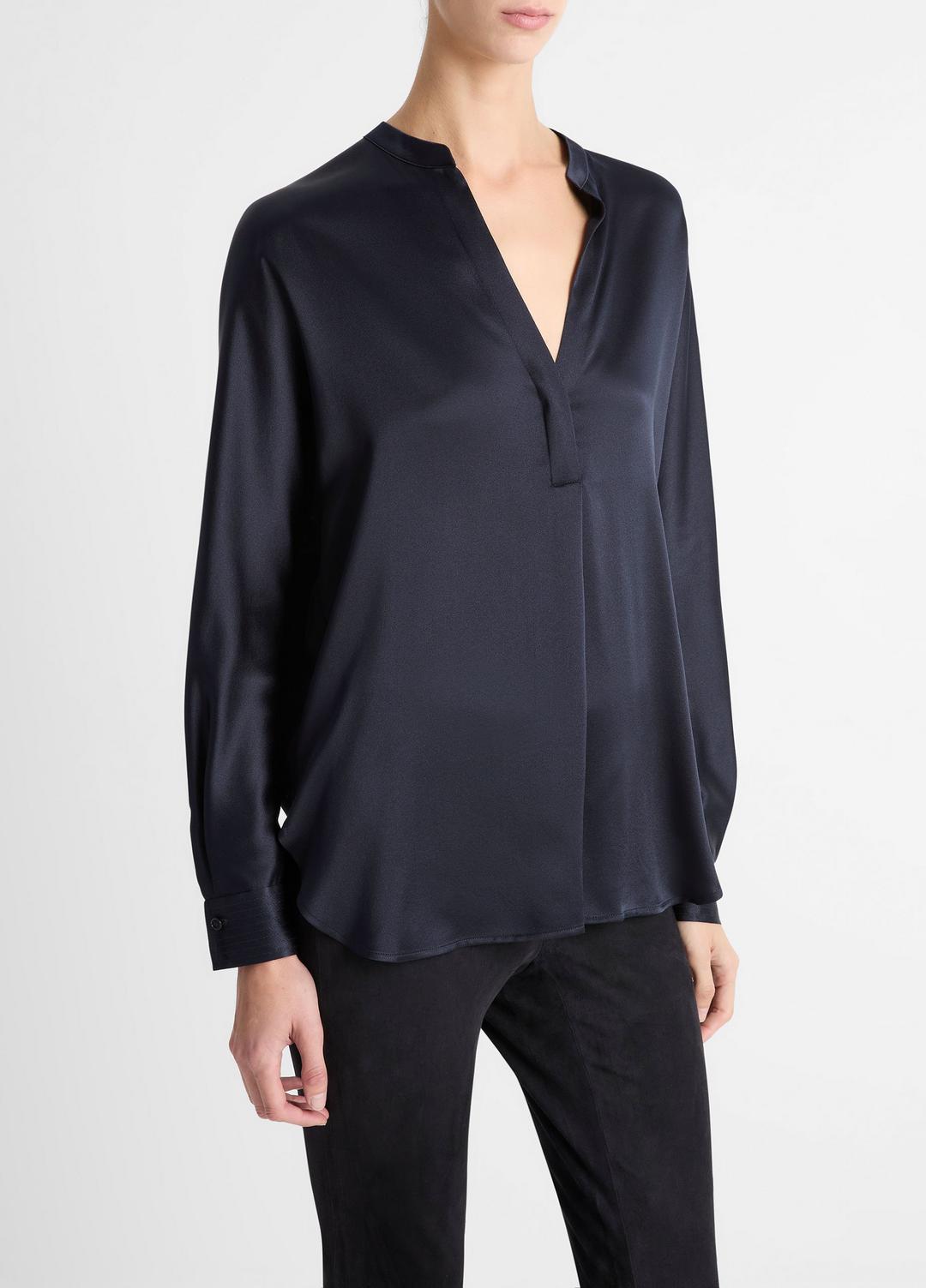 VINCE Women Silk Satin Band-Collar Blouse in Long Sleeve