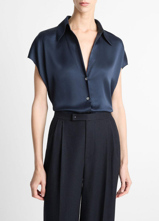 VINCE Women Silk Cap-Sleeve Ruched-Back Blouse in Short Sleeve