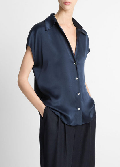 VINCE Women Silk Cap-Sleeve Ruched-Back Blouse in Short Sleeve