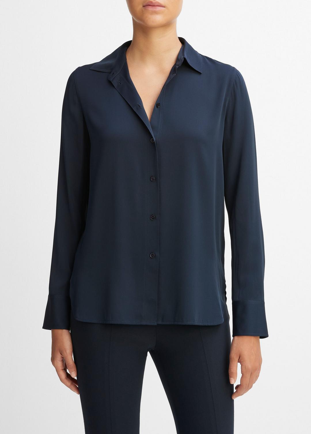 VINCE Women Slim Fitted Stretch-Silk Blouse in Long Sleeve