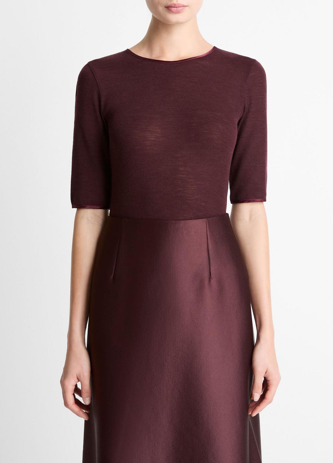 VINCE Women Satin-Trim Wool Elbow-Sleeve T-Shirt in Short Sleeve