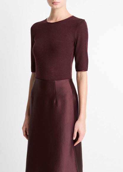 VINCE Women Satin-Trim Wool Elbow-Sleeve T-Shirt in Short Sleeve