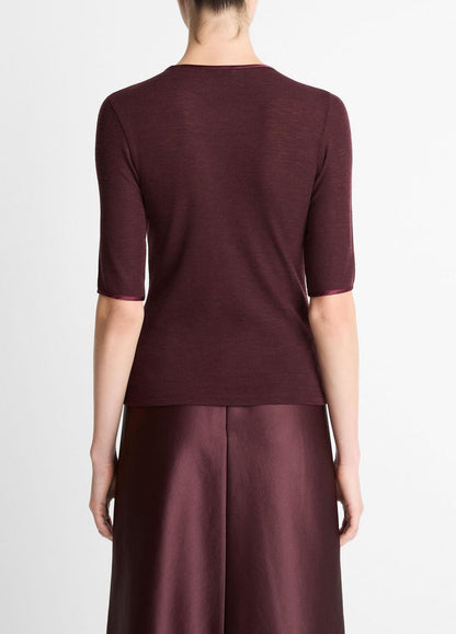 VINCE Women Satin-Trim Wool Elbow-Sleeve T-Shirt in Short Sleeve
