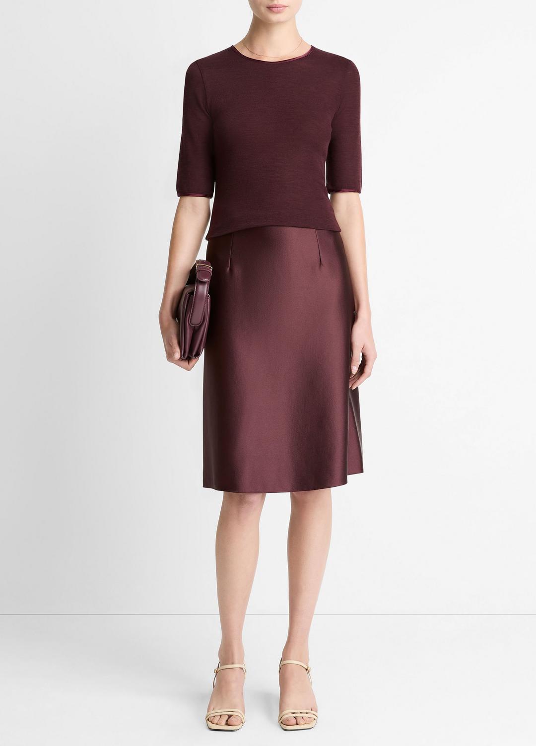 VINCE Women Satin-Trim Wool Elbow-Sleeve T-Shirt in Short Sleeve