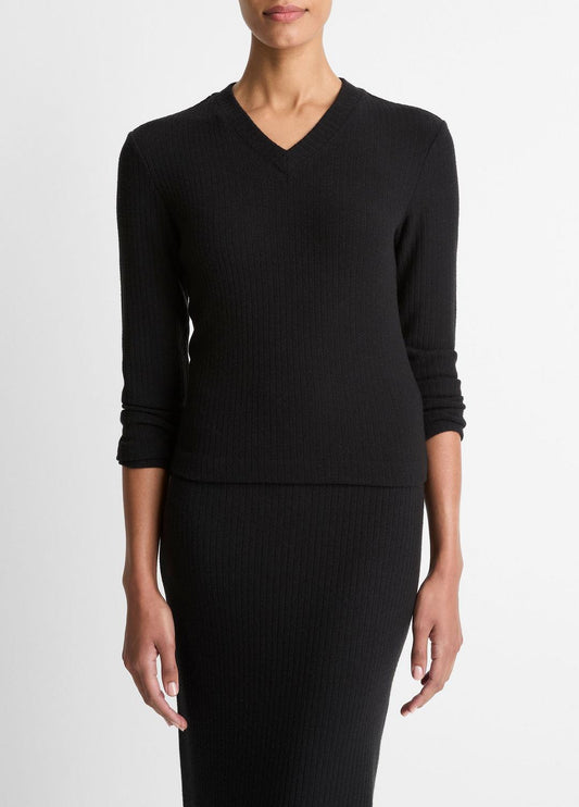 VINCE Women Cozy Rib High V-Neck Top in Long Sleeve
