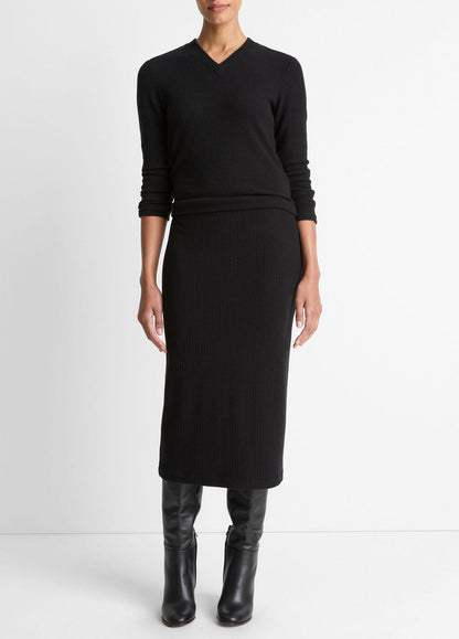 VINCE Women Cozy Rib High V-Neck Top in Long Sleeve