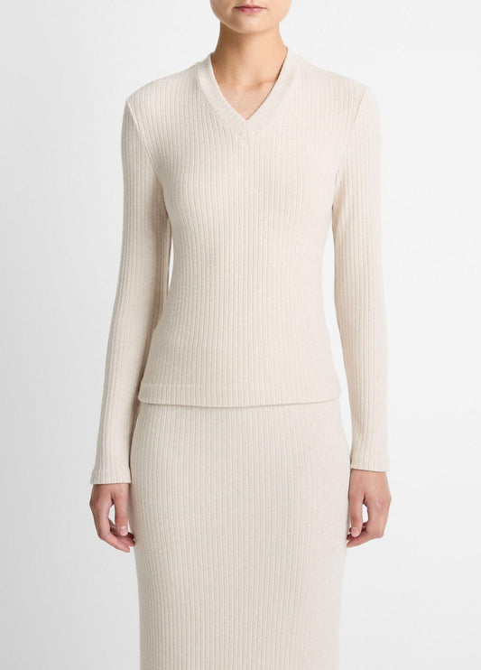 VINCE Women Cozy Rib High V-Neck Top in Long Sleeve