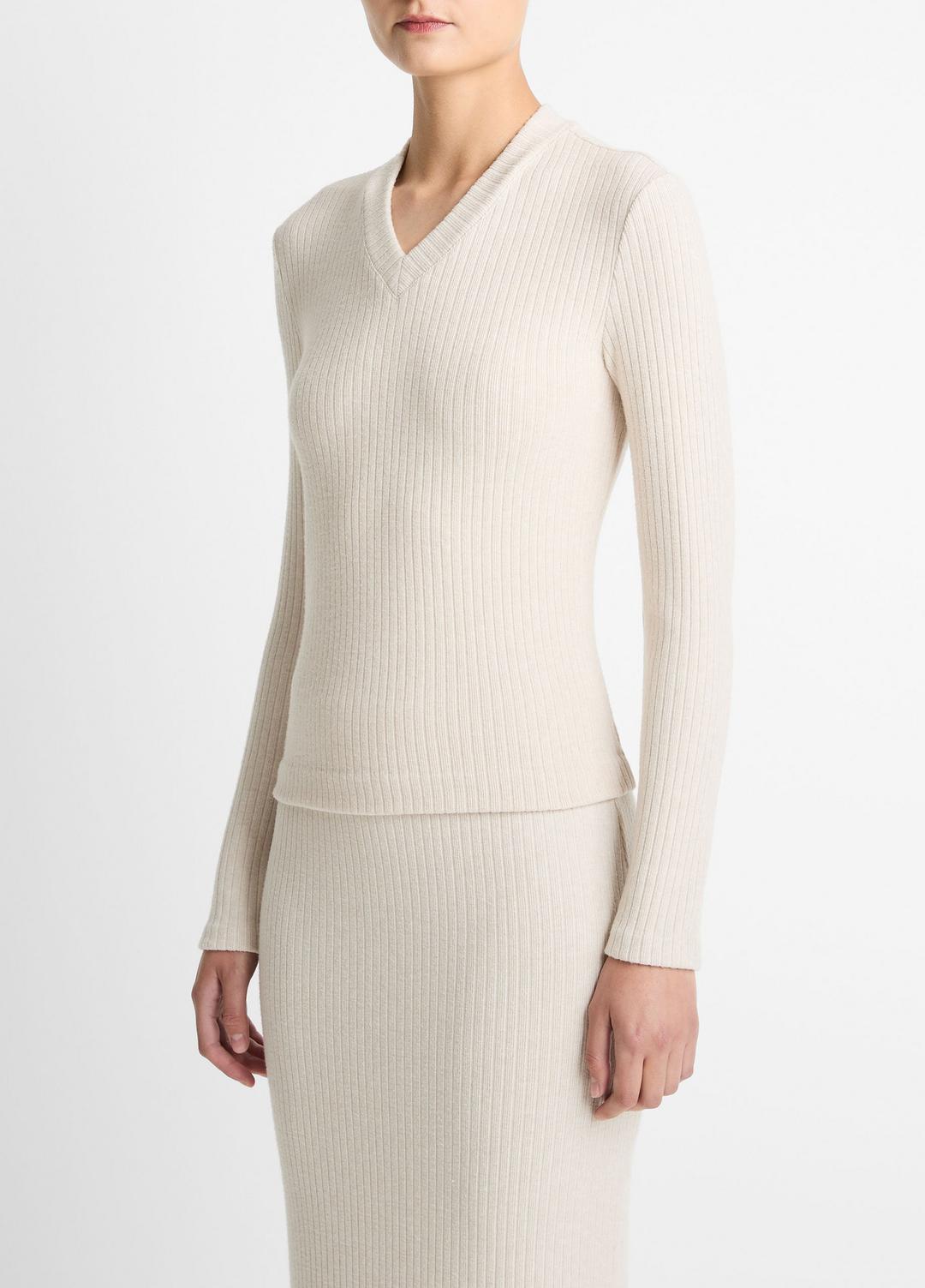 VINCE Women Cozy Rib High V-Neck Top in Long Sleeve