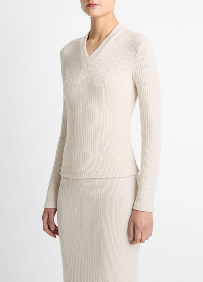 VINCE Women Cozy Rib High V-Neck Top in Long Sleeve