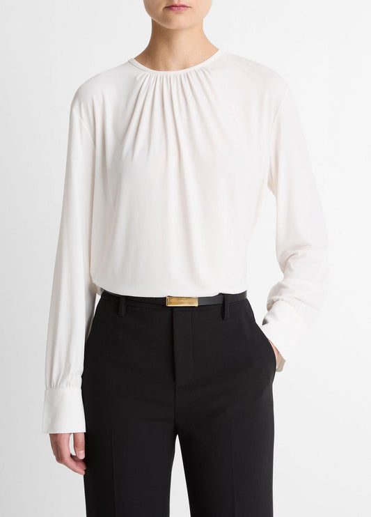 VINCE Women Matte Jersey Gathered Blouse in Long Sleeve