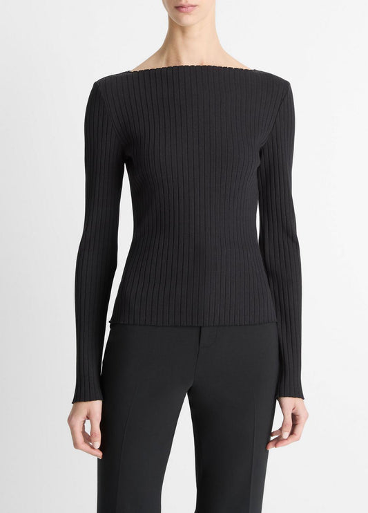 VINCE Women Ribbed Cotton-Blend Slash-Neck Long-Sleeve Top in Long Sleeve