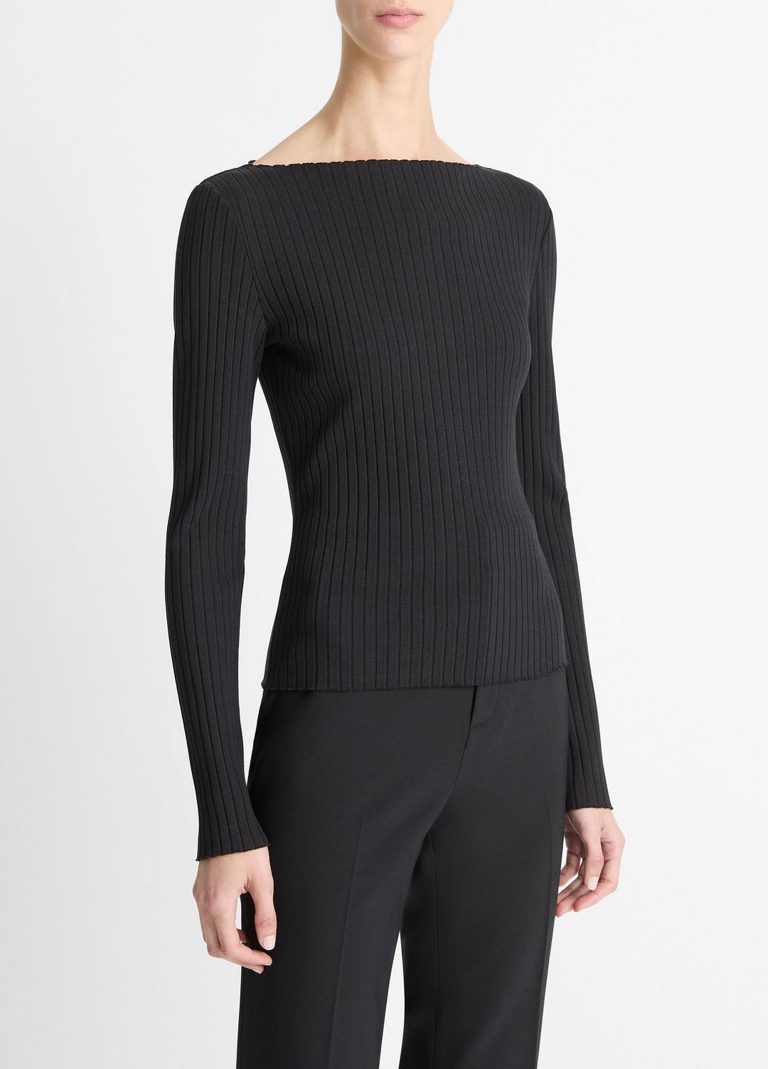 VINCE Women Ribbed Cotton-Blend Slash-Neck Long-Sleeve Top in Long Sleeve