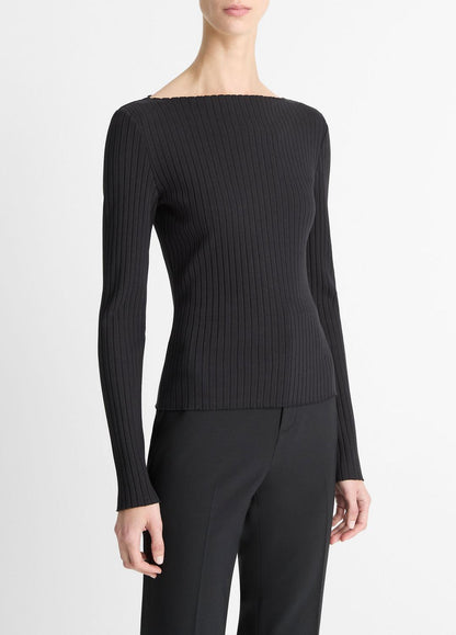 VINCE Women Ribbed Cotton-Blend Slash-Neck Long-Sleeve Top in Long Sleeve