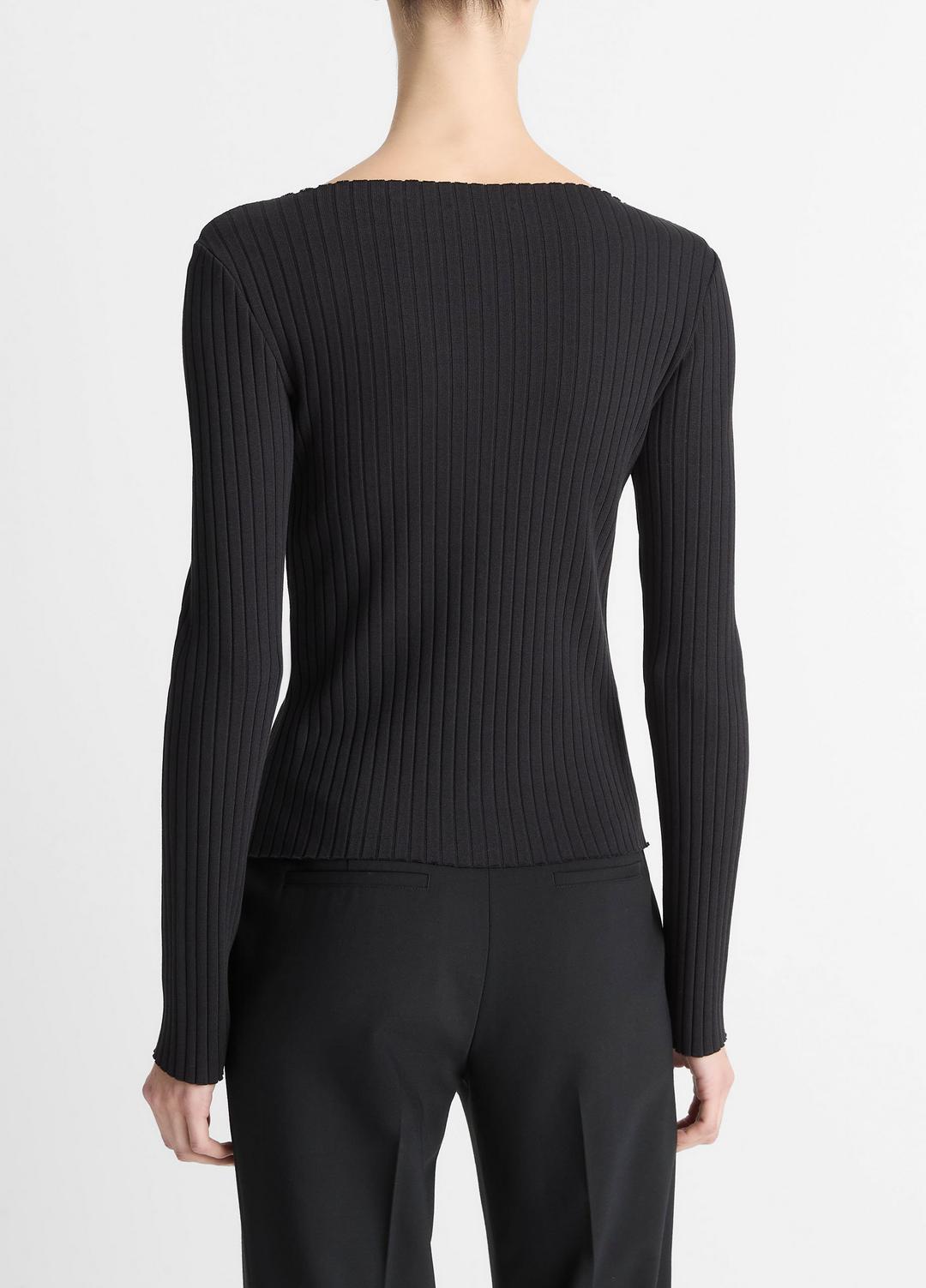 VINCE Women Ribbed Cotton-Blend Slash-Neck Long-Sleeve Top in Long Sleeve