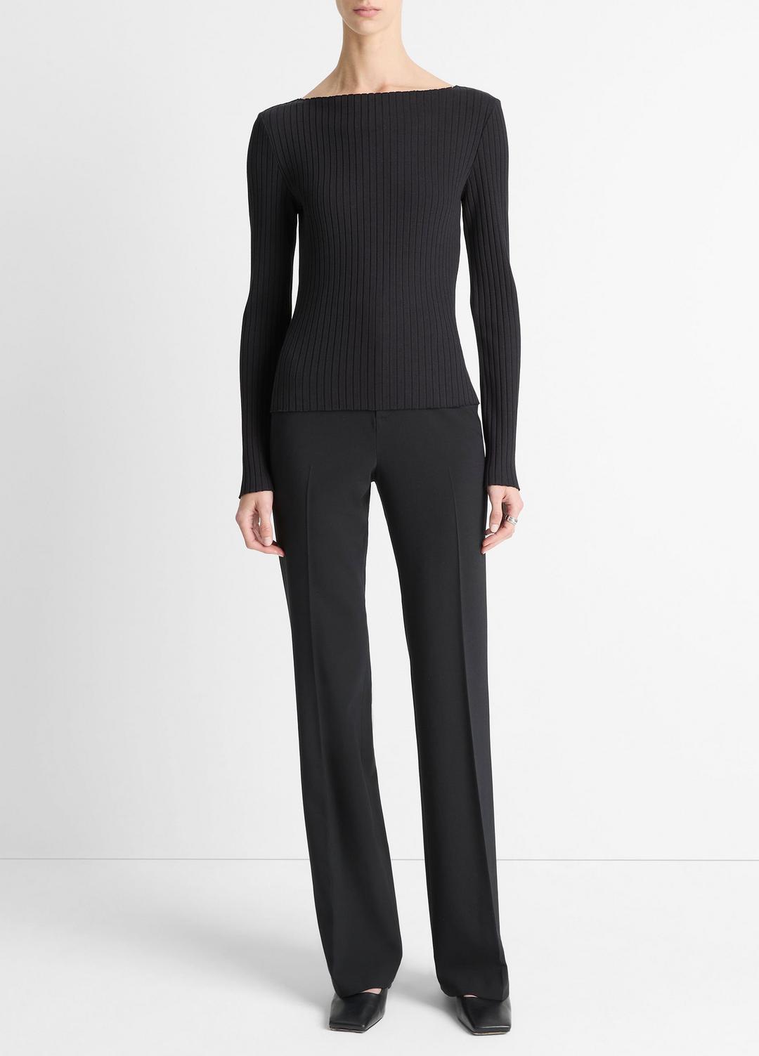 VINCE Women Ribbed Cotton-Blend Slash-Neck Long-Sleeve Top in Long Sleeve