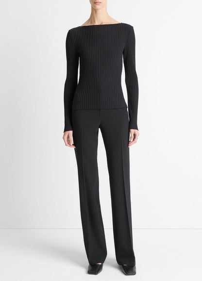 VINCE Women Ribbed Cotton-Blend Slash-Neck Long-Sleeve Top in Long Sleeve