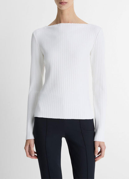 VINCE Women Ribbed Cotton-Blend Slash-Neck Long-Sleeve Top in Long Sleeve
