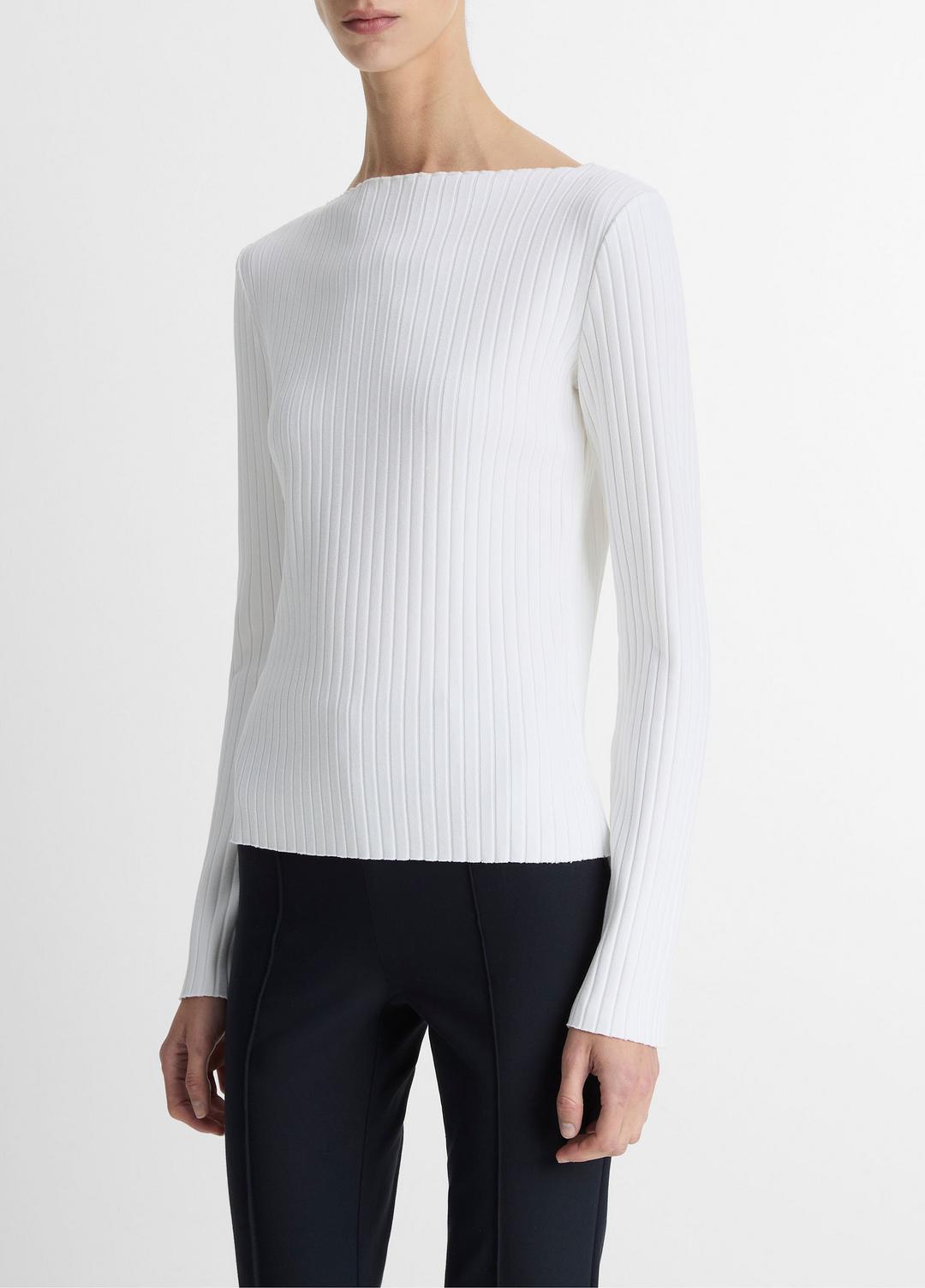 VINCE Women Ribbed Cotton-Blend Slash-Neck Long-Sleeve Top in Long Sleeve