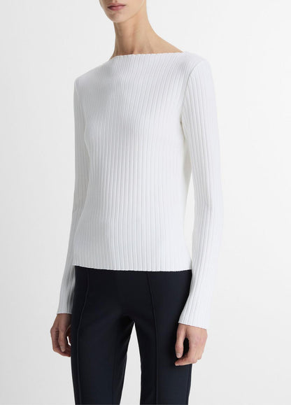 VINCE Women Ribbed Cotton-Blend Slash-Neck Long-Sleeve Top in Long Sleeve