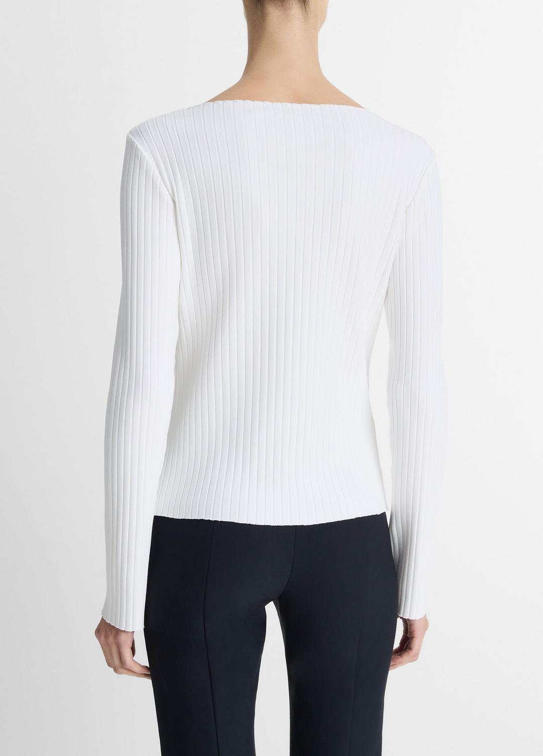 VINCE Women Ribbed Cotton-Blend Slash-Neck Long-Sleeve Top in Long Sleeve