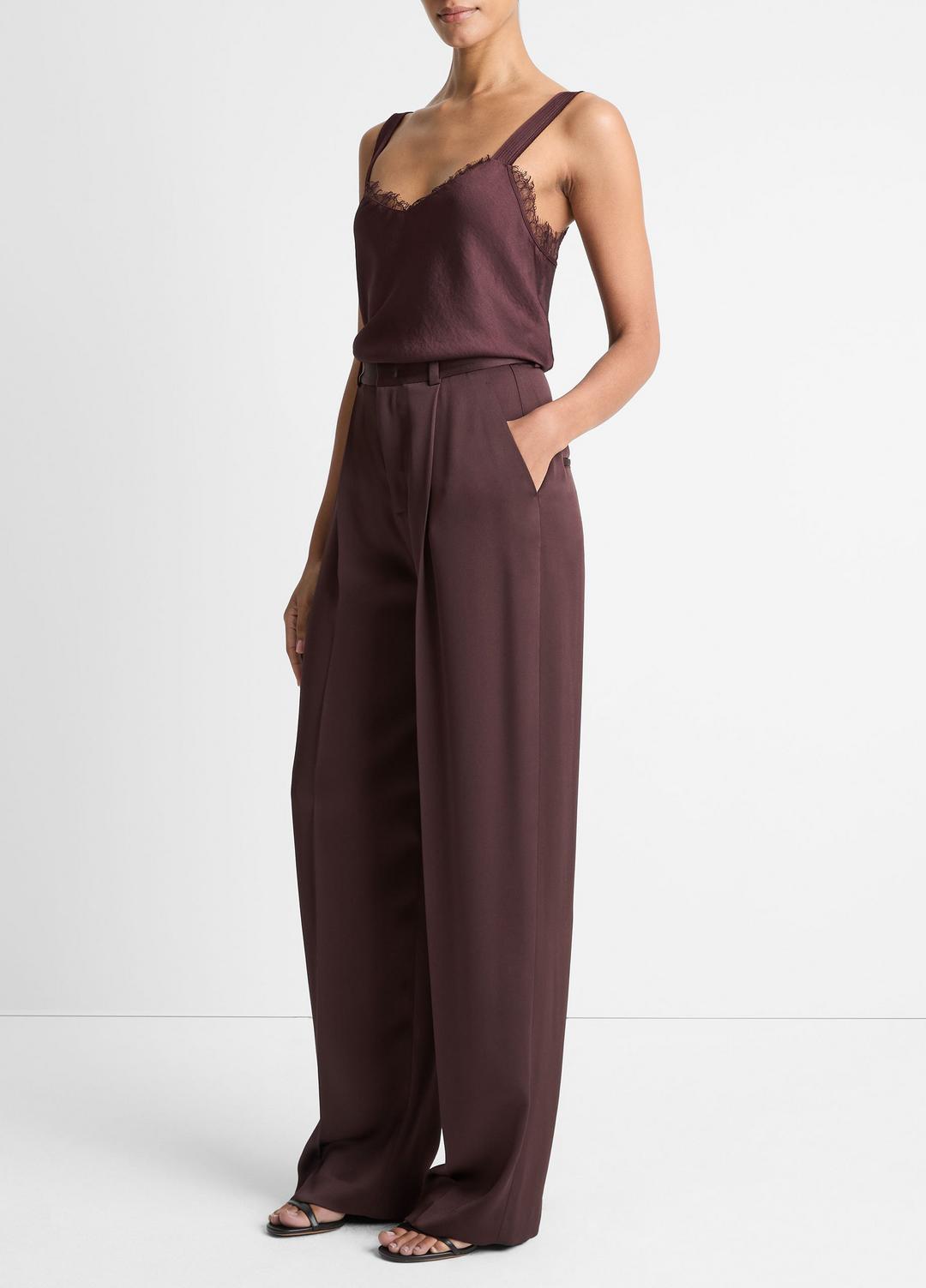 VINCE Women Satin Pleated Wide-Leg Trouser in Trousers