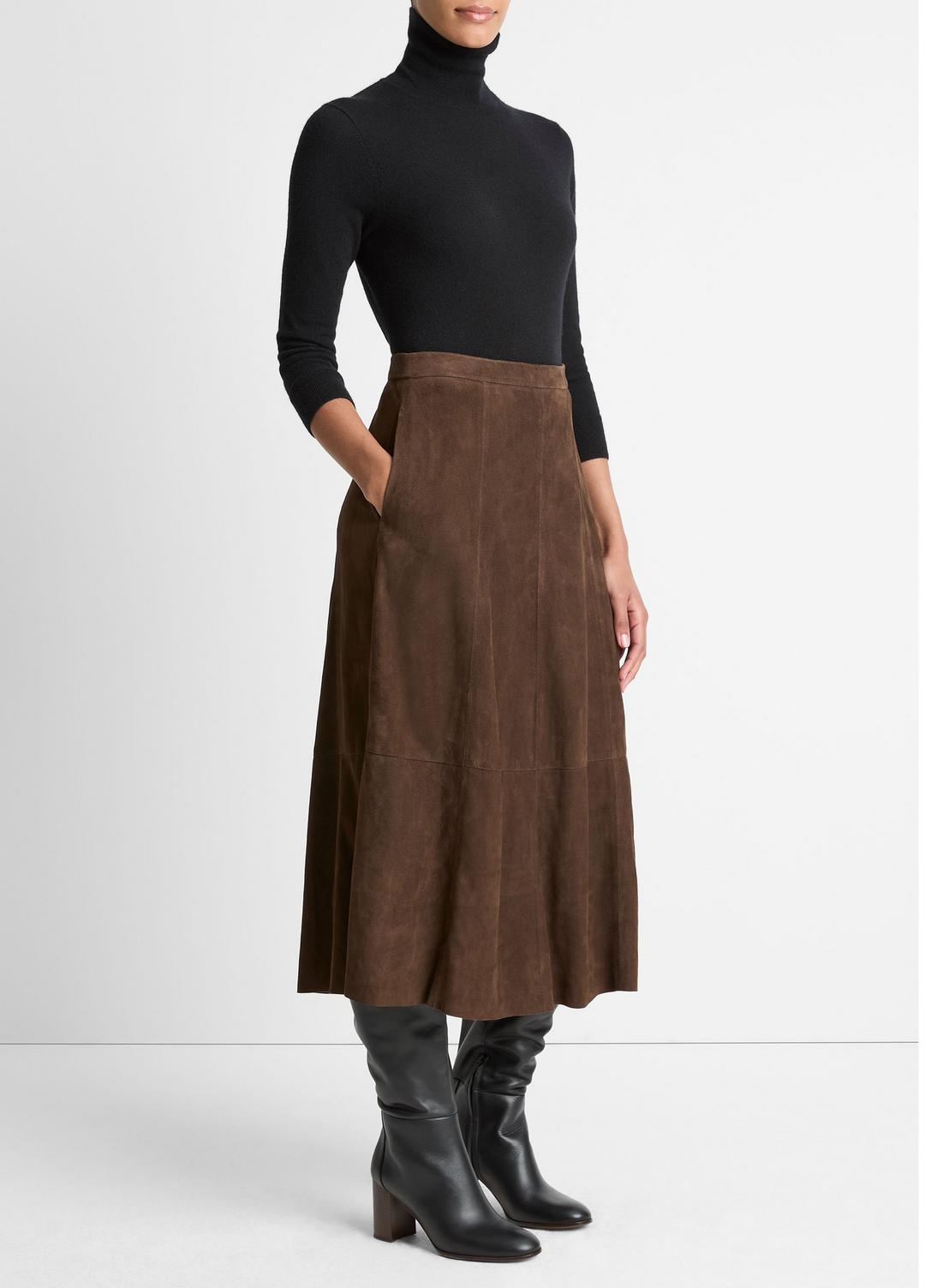 VINCE Women Suede Mid-Rise Flared Skirt in Skirts