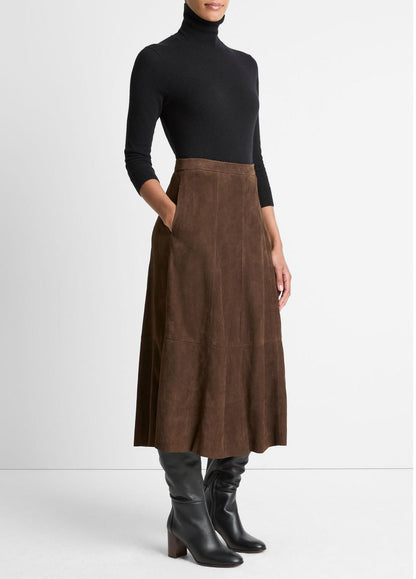 VINCE Women Suede Mid-Rise Flared Skirt in Skirts