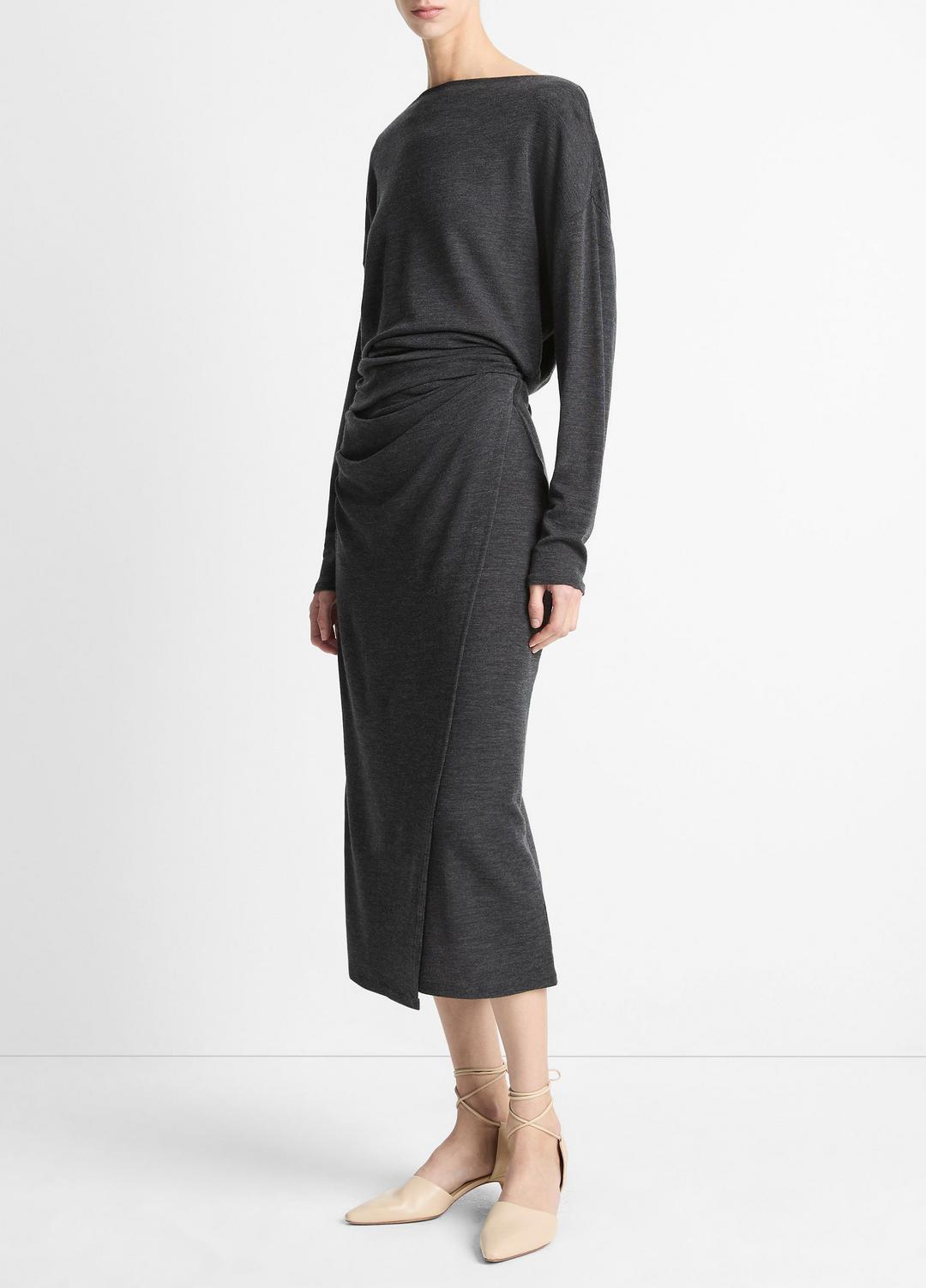 VINCE Women Draped-Waist Wool-Blend Midi Skirt in Skirts