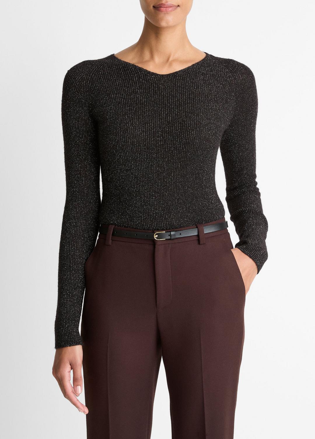 VINCE Women Metallic Ribbed High V-Neck Sweater in Vince Products Women