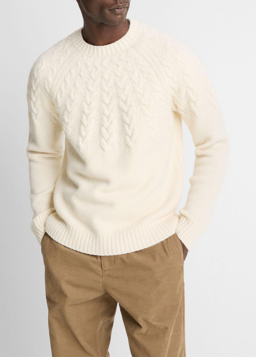VINCE Men Airspun Merino Wool Cable-Yoke Sweater in Crew Neck