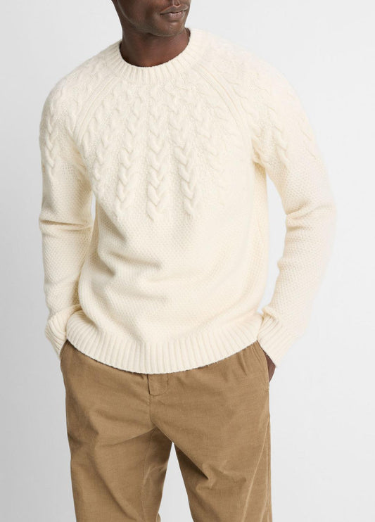VINCE Men Airspun Merino Wool Cable-Yoke Sweater in Crew Neck
