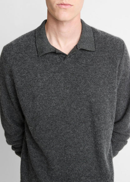 VINCE Men Feed Stripe Plush Cashmere Johnny-Collar Sweater in Cashmere