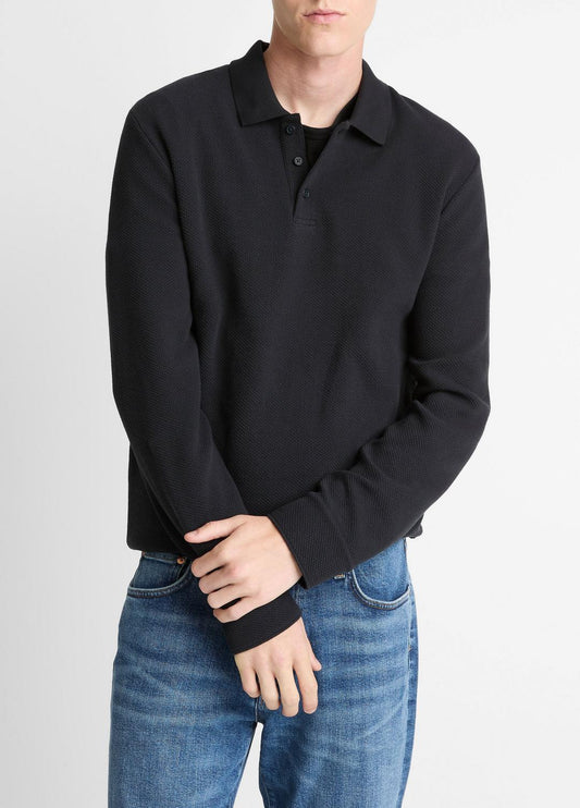 VINCE Men Basket-Weave Cotton Long-Sleeve Polo Shirt in Henleys & Polos