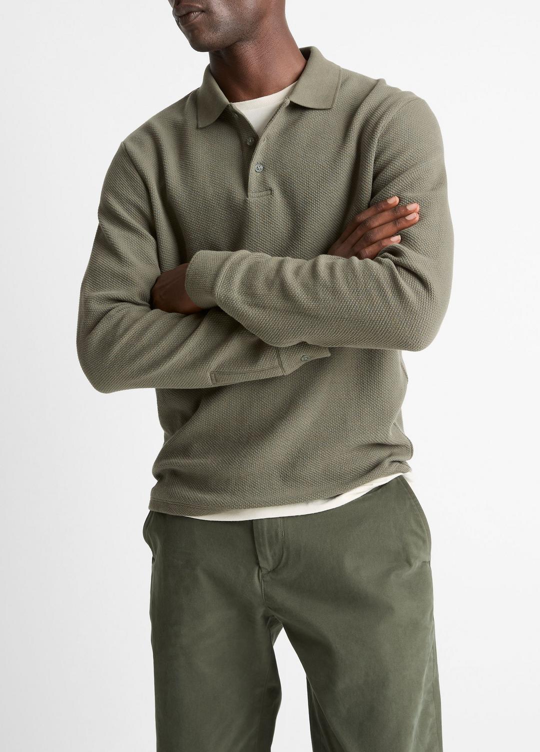 VINCE Men Basket-Weave Cotton Long-Sleeve Polo Shirt in Henleys & Polos