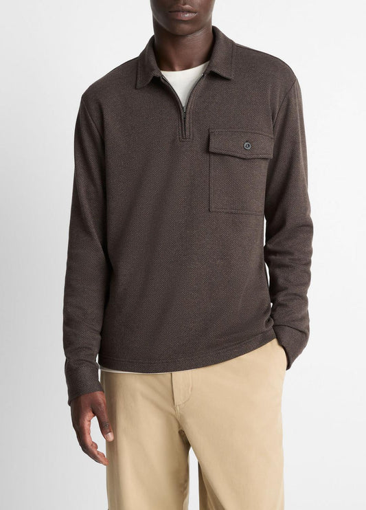 VINCE Men Herringbone Cotton-Blend Zip Polo Shirt in Henleys & Polos