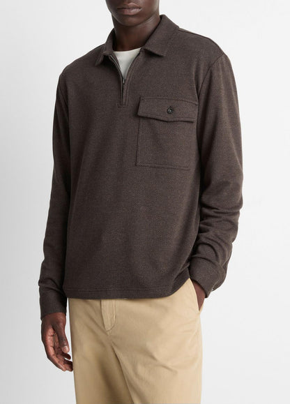 VINCE Men Herringbone Cotton-Blend Zip Polo Shirt in Henleys & Polos