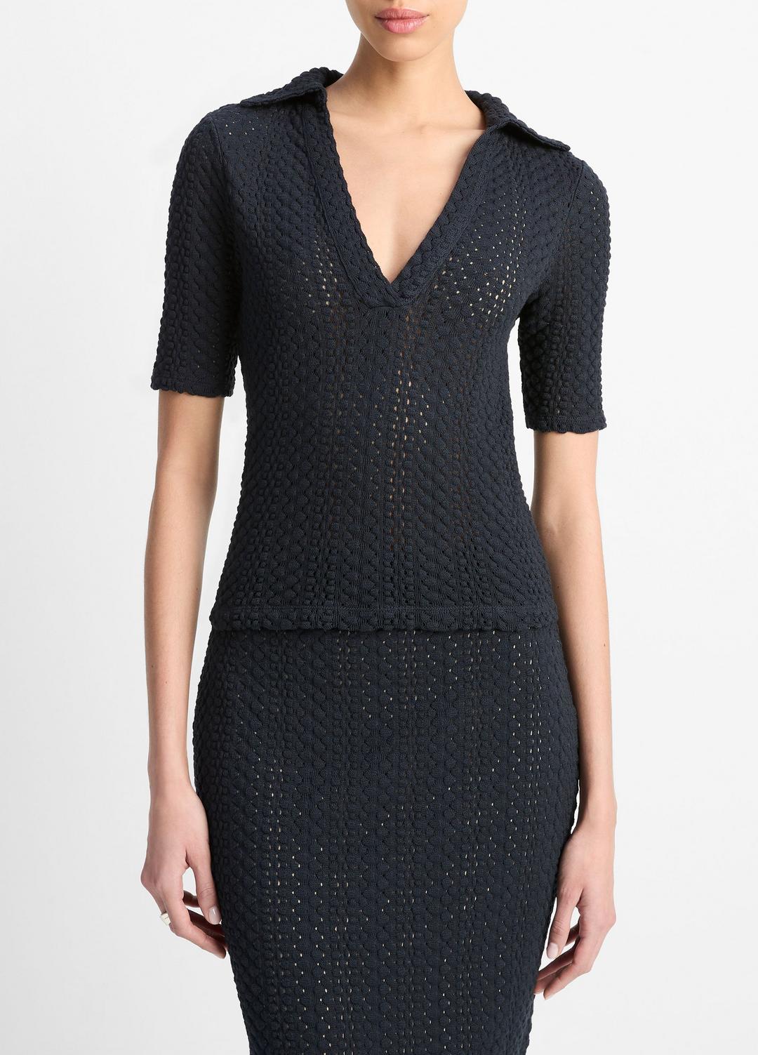 VINCE Sale Textural Cotton Elbow-Sleeve Polo Top in Shirts & Tees