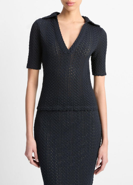 VINCE Sale Textural Cotton Elbow-Sleeve Polo Top in Shirts & Tees