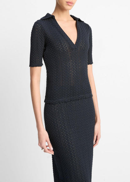 VINCE Sale Textural Cotton Elbow-Sleeve Polo Top in Shirts & Tees