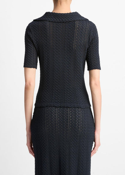 VINCE Sale Textural Cotton Elbow-Sleeve Polo Top in Shirts & Tees