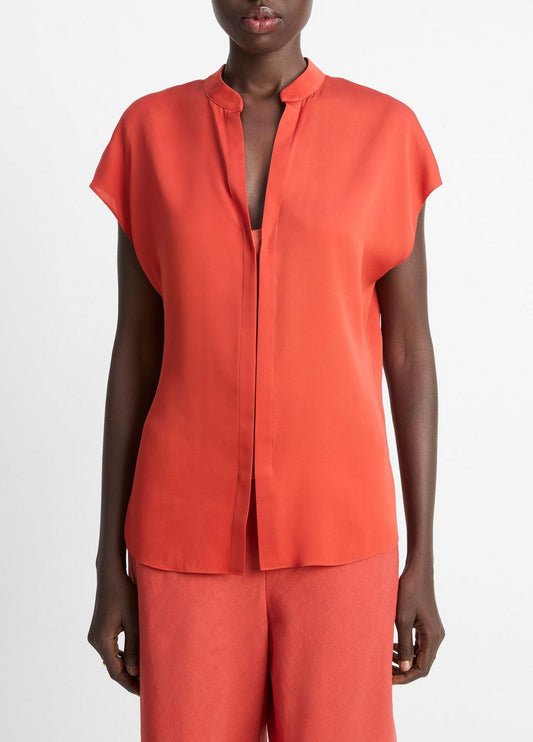 VINCE Sale Contrast-Placket Stretch-Silk Cap-Sleeve Blouse in Shirts & Tees