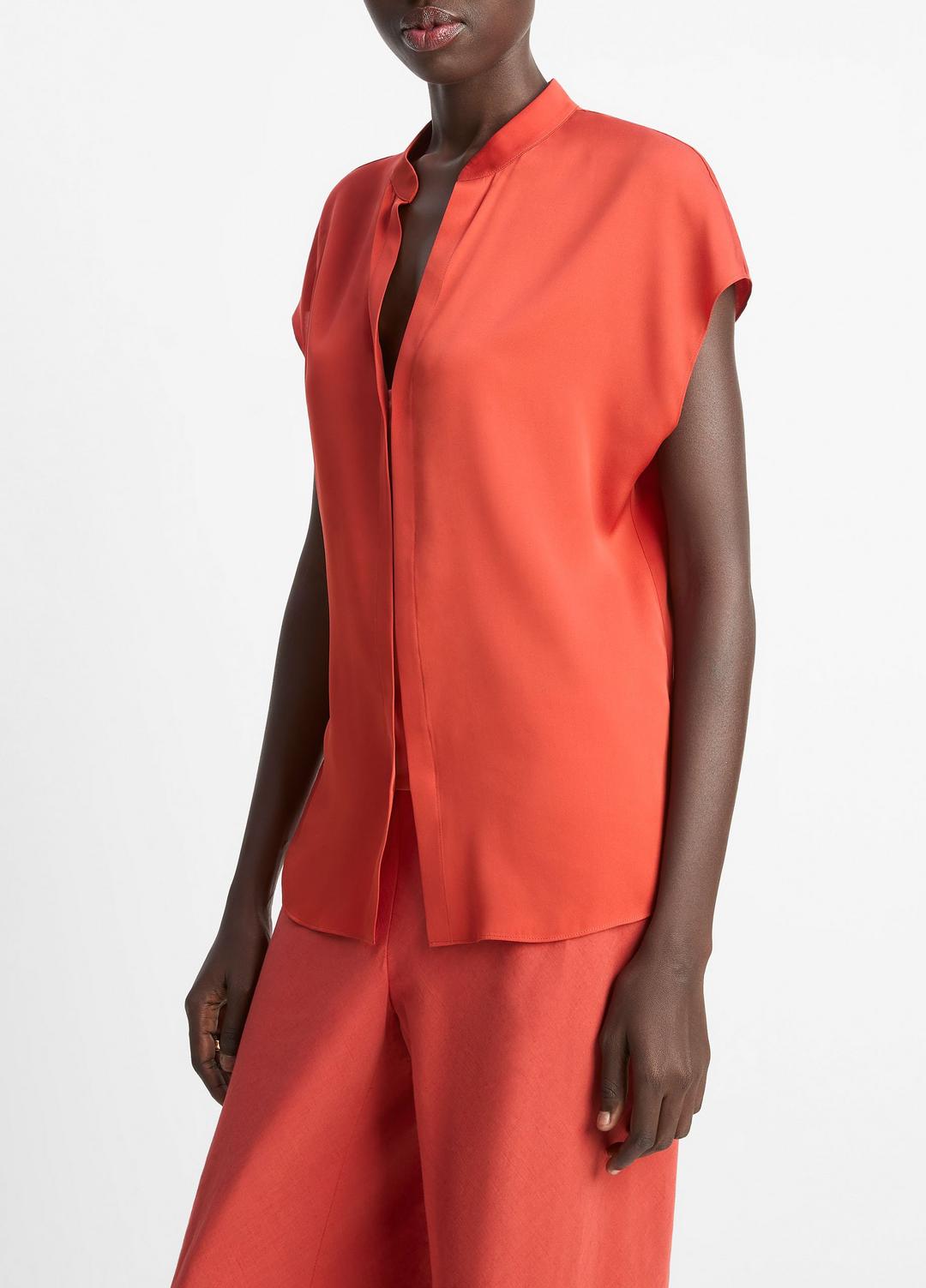 VINCE Sale Contrast-Placket Stretch-Silk Cap-Sleeve Blouse in Shirts & Tees