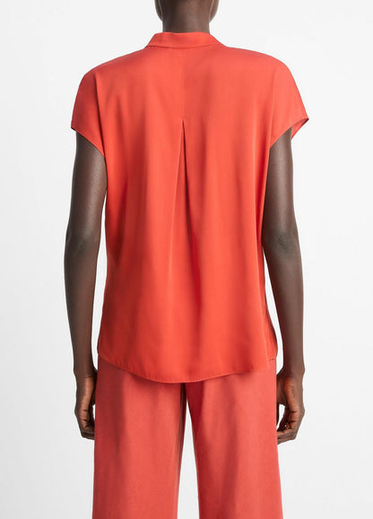 VINCE Sale Contrast-Placket Stretch-Silk Cap-Sleeve Blouse in Shirts & Tees