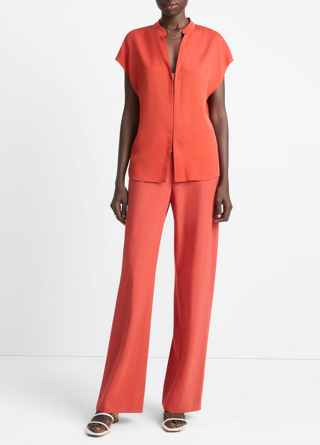 VINCE Sale Contrast-Placket Stretch-Silk Cap-Sleeve Blouse in Shirts & Tees