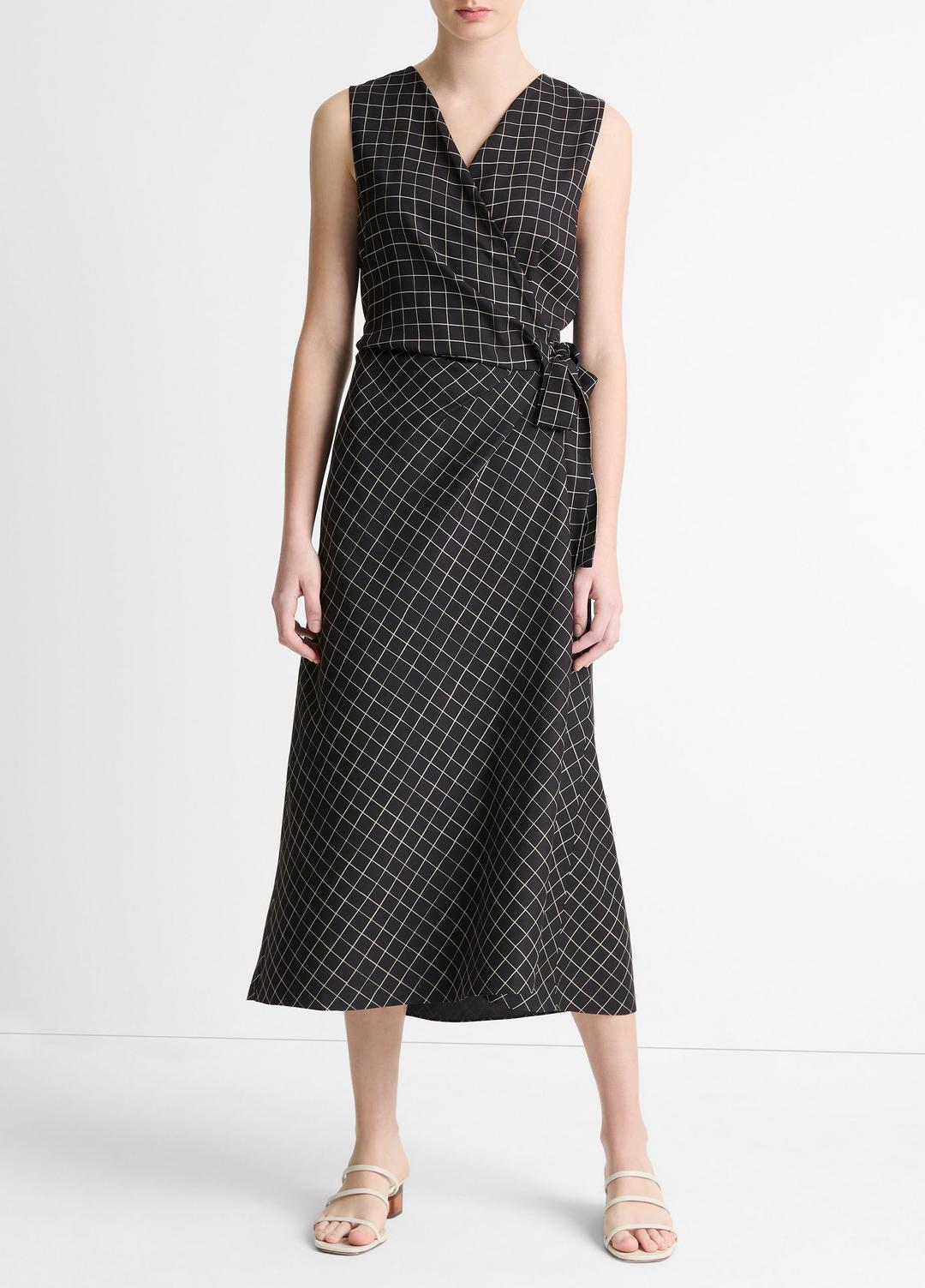 VINCE Sale Trellis Plaid Draped Sleeveless Wrap Dress in Dresses & Skirts