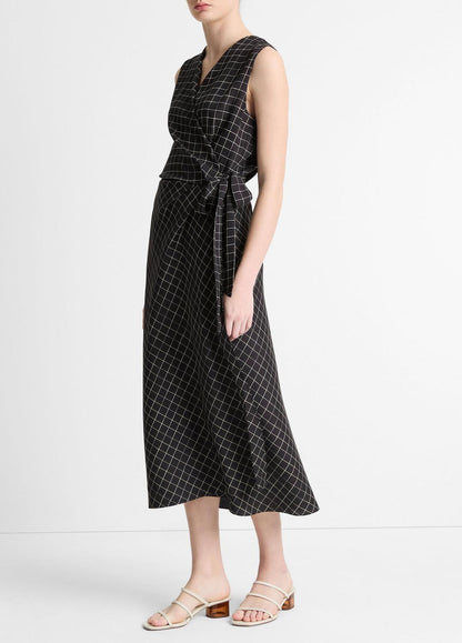 VINCE Sale Trellis Plaid Draped Sleeveless Wrap Dress in Dresses & Skirts